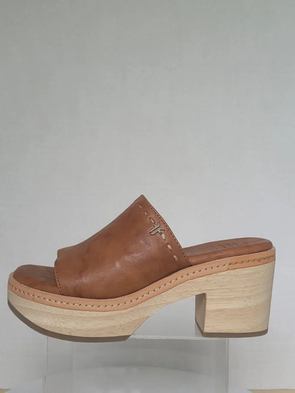 Frye Hazel Tan Leather Wood Platform Clogs Boho Mule Slide Sandal 70s Size 6M